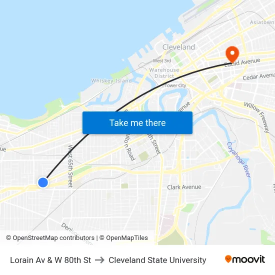 Lorain Av & W 80th St to Cleveland State University map