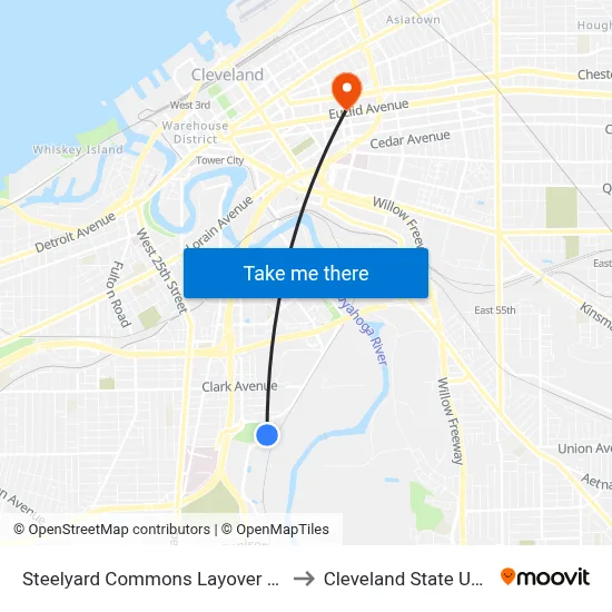 Steelyard Commons Layover (Five Guys) to Cleveland State University map