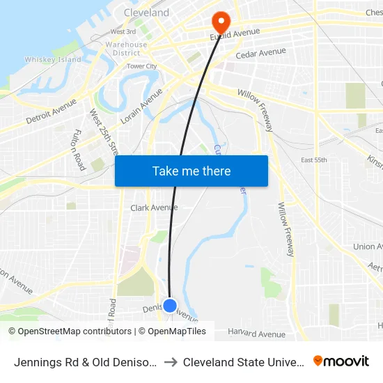 Jennings Rd & Old Denison Av to Cleveland State University map