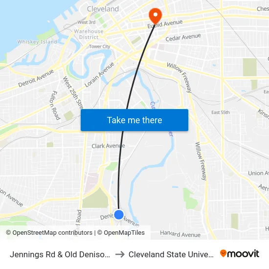 Jennings Rd & Old Denison Av to Cleveland State University map