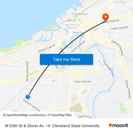 W 65th St & Storer Av to Cleveland State University map