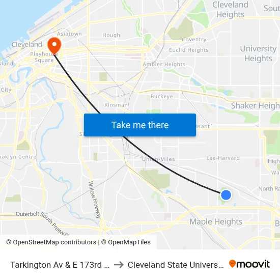 Tarkington Av & E 173rd St to Cleveland State University map