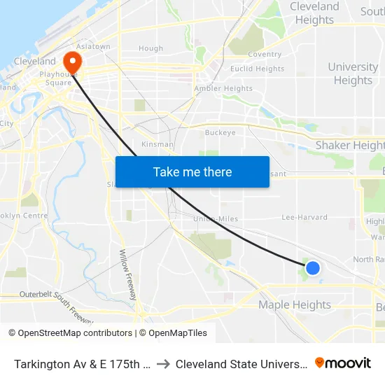 Tarkington Av & E 175th St to Cleveland State University map