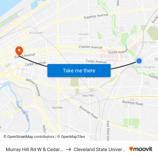Murray Hill Rd W & Cedar Av to Cleveland State University map