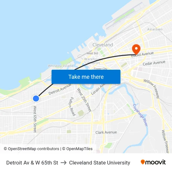 Detroit Av & W 65th St to Cleveland State University map
