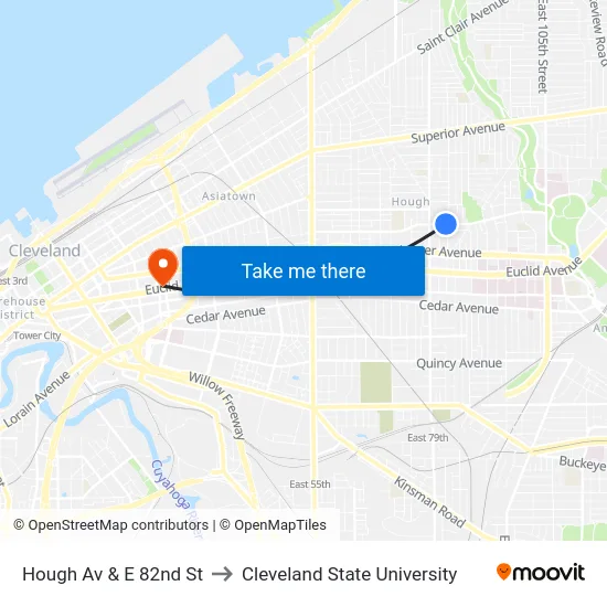 Hough Av & E 82nd St to Cleveland State University map