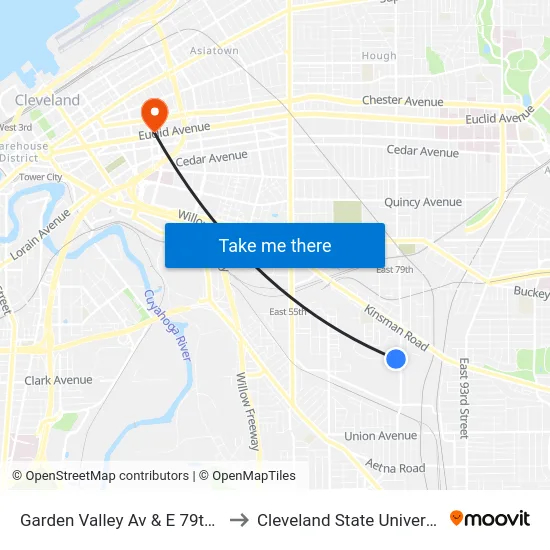 Garden Valley Av & E 79th St to Cleveland State University map
