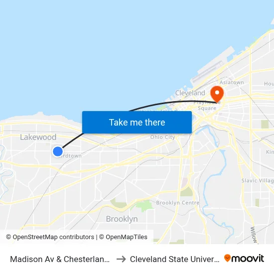 Madison Av & Chesterland Av to Cleveland State University map