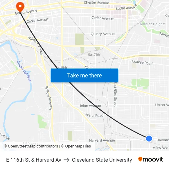 E 116th St & Harvard Av to Cleveland State University map