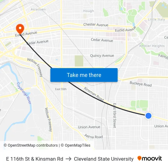 E 116th St & Kinsman Rd to Cleveland State University map