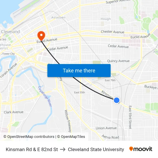 Kinsman Rd & E 82nd St to Cleveland State University map