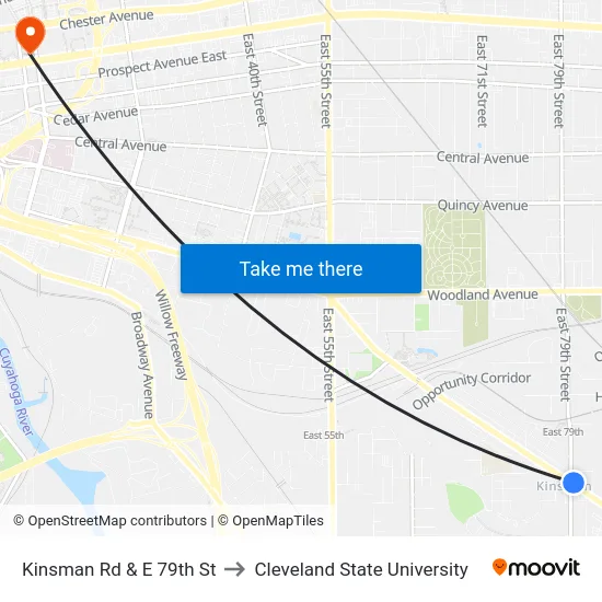Kinsman Rd & E 79th St to Cleveland State University map