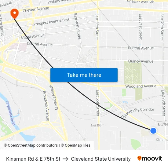 Kinsman Rd & E 75th St to Cleveland State University map