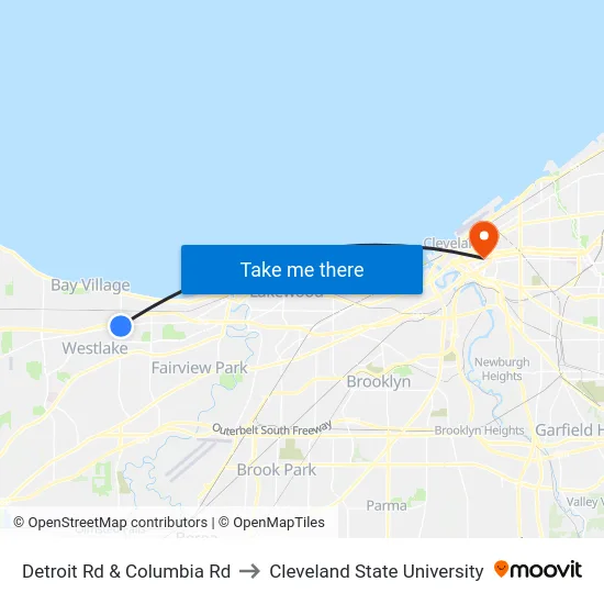 Detroit Rd & Columbia Rd to Cleveland State University map