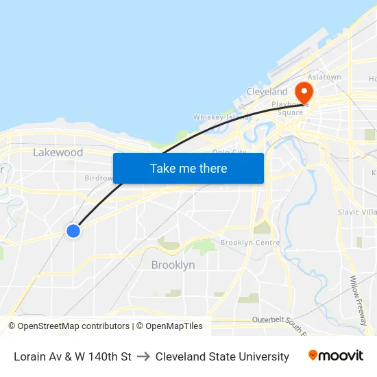 Lorain Av & W 140th St to Cleveland State University map