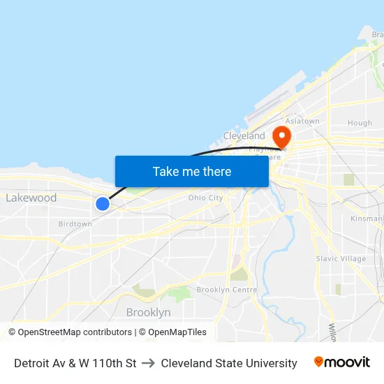 Detroit Av & W 110th St to Cleveland State University map