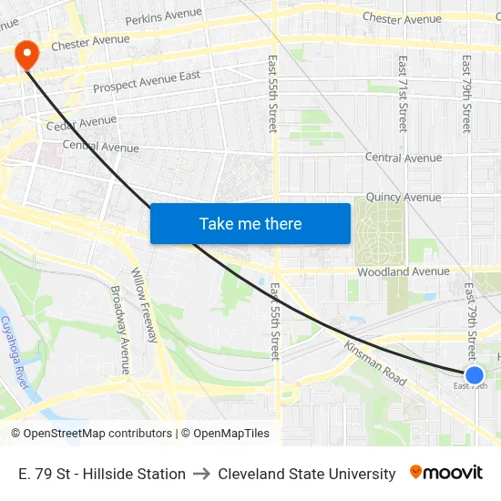 E. 79 St - Hillside Station to Cleveland State University map