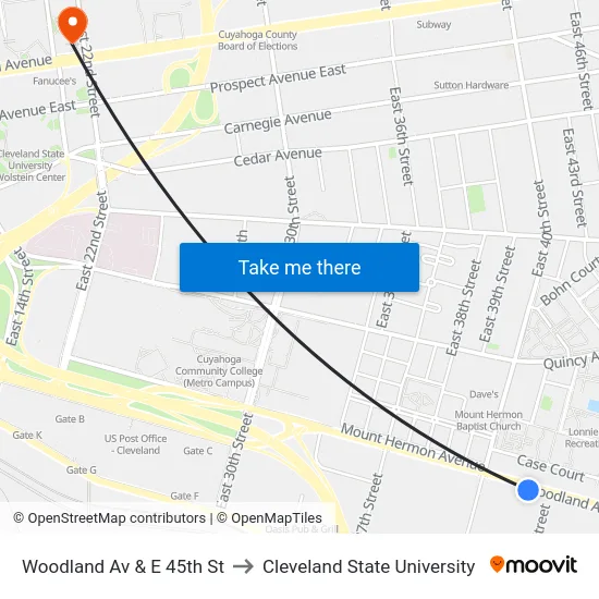 Woodland Av & E 45th St to Cleveland State University map