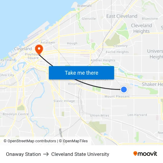 Onaway Station to Cleveland State University map