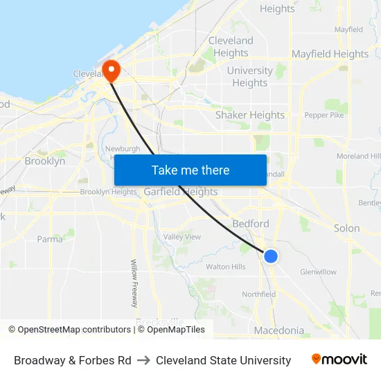 Broadway & Forbes Rd to Cleveland State University map