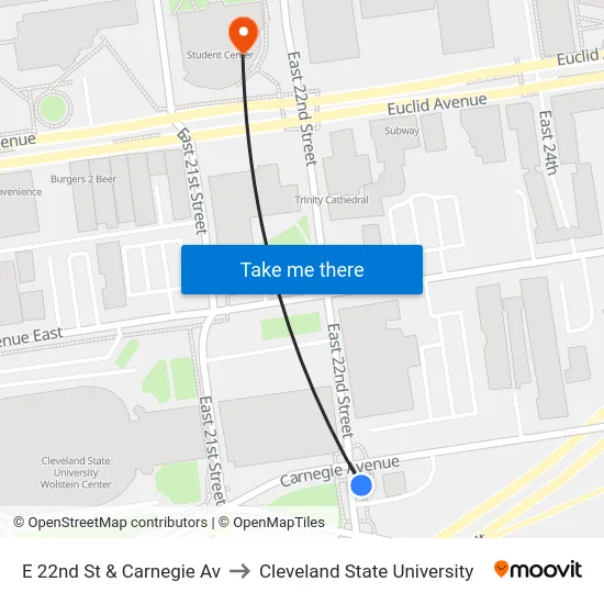E 22nd St & Carnegie Av to Cleveland State University map