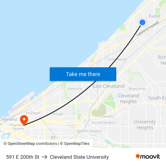 591 E 200th St to Cleveland State University map