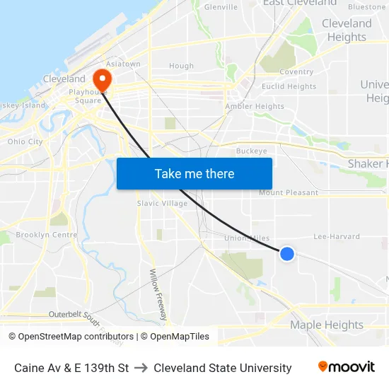 Caine Av & E 139th St to Cleveland State University map