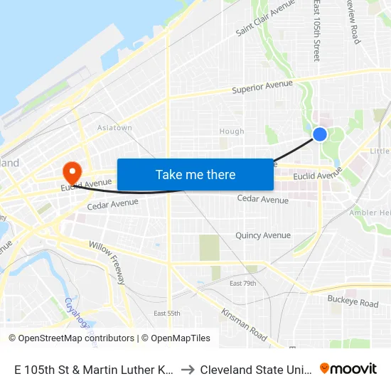 E 105th St & Martin Luther King Jr Dr to Cleveland State University map