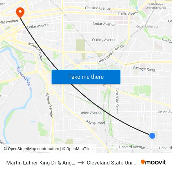Martin Luther King Dr & Angelus Av to Cleveland State University map