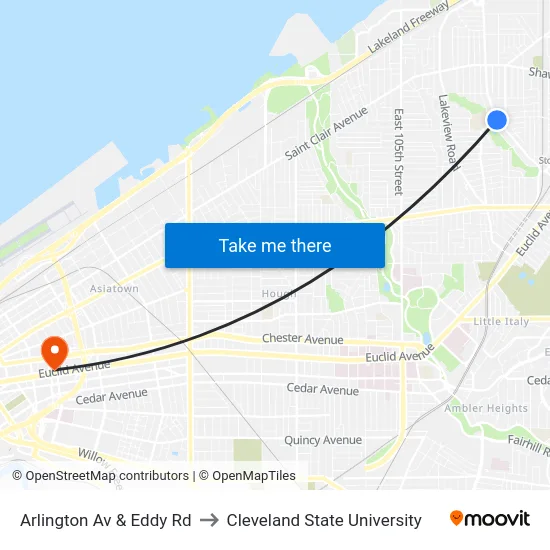 Arlington Av & Eddy Rd to Cleveland State University map
