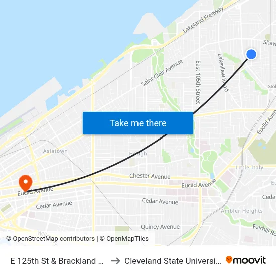 E 125th St & Brackland Av to Cleveland State University map