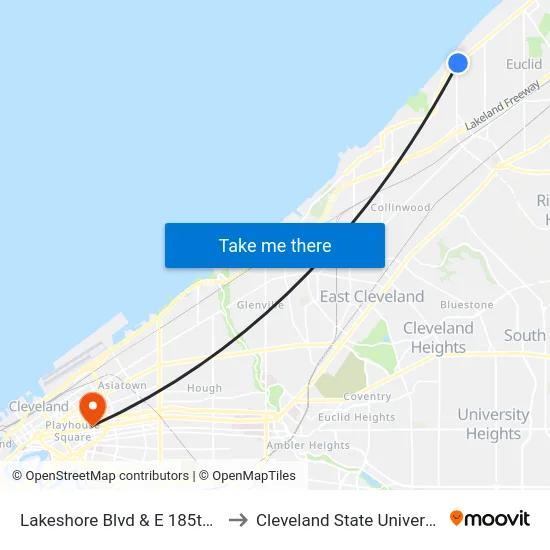 Lakeshore Blvd & E 185th St to Cleveland State University map