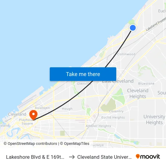 Lakeshore Blvd & E 169th St to Cleveland State University map