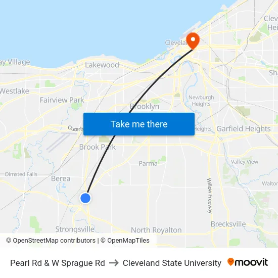 Pearl Rd & W Sprague Rd to Cleveland State University map