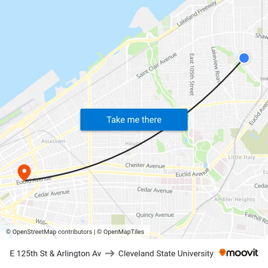 E 125th St & Arlington Av to Cleveland State University map