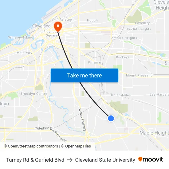 Turney Rd & Garfield Blvd to Cleveland State University map