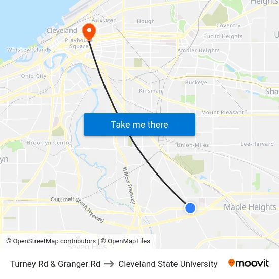 Turney Rd & Granger Rd to Cleveland State University map
