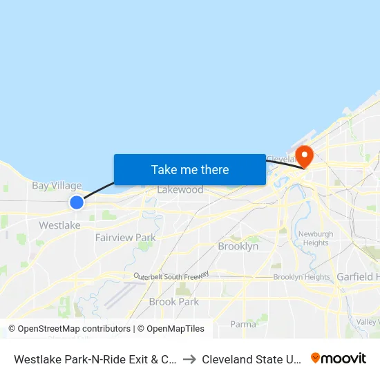 Westlake Park-N-Ride Exit & Columbia Rd to Cleveland State University map