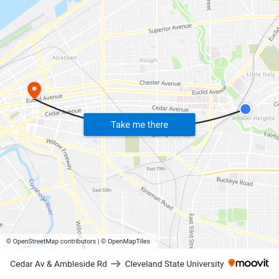 Cedar Av & Ambleside Rd to Cleveland State University map
