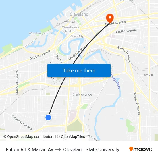 Fulton Rd & Marvin Av to Cleveland State University map