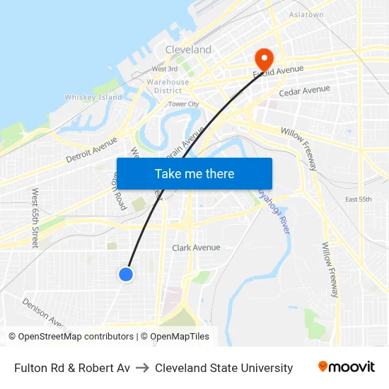 Fulton Rd & Robert Av to Cleveland State University map