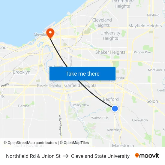 Northfield Rd & Union St to Cleveland State University map