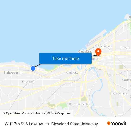 W 117th St & Lake Av to Cleveland State University map