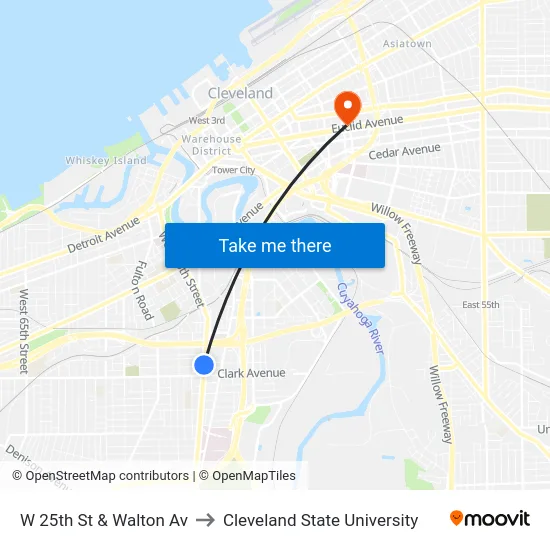 W 25th St & Walton Av to Cleveland State University map