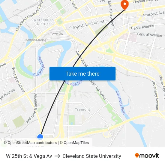 W 25th St & Vega Av to Cleveland State University map