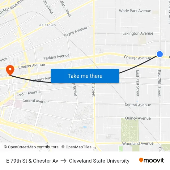 E 79th St & Chester Av to Cleveland State University map
