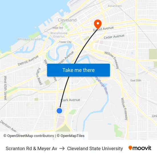 Scranton Rd & Meyer Av to Cleveland State University map