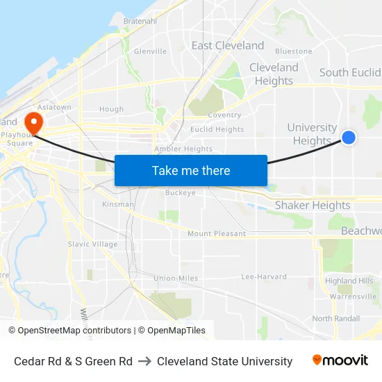 Cedar Rd & S Green Rd to Cleveland State University map
