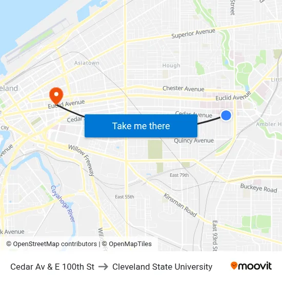 Cedar Av & E 100th St to Cleveland State University map