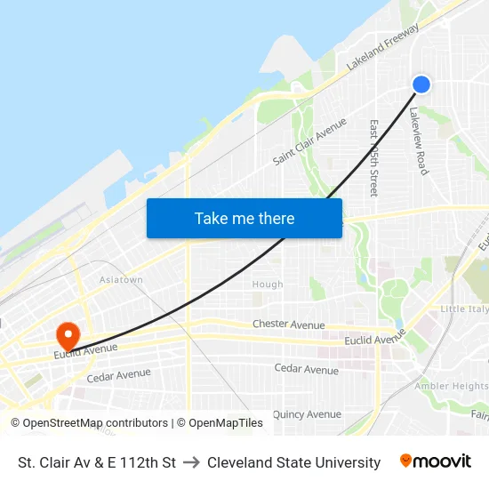 St. Clair Av & E 112th St to Cleveland State University map